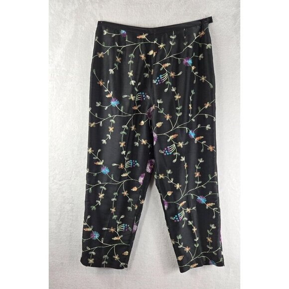 SilkLand Pants - Silkland Black Embroidered Pants Capri Sz12 Lined Floral Cottage Chic Ankle
